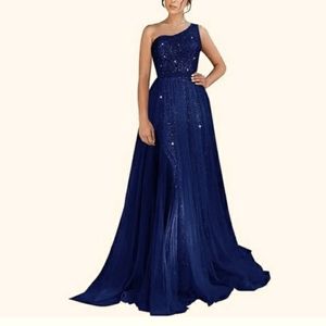 Tulle One-Shoulder Navy Blue Sequin Wedding Dress
